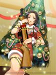  black_eyes black_hair breasts candy candy_cane christmas christmas_lights christmas_ornaments christmas_tree cleavage cowboy_shot food gun large_breasts lips looking_at_viewer marion_siegbahn murakami_yuichi open_mouth santa_costume senjou_no_valkyria senjou_no_valkyria_2 short_hair solo tareme weapon 