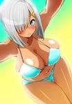  bare_shoulders bikini blue_bikini blue_eyes breasts cleavage hair_ornament hair_over_one_eye hairclip hamakaze_(kantai_collection) huge_breasts kantai_collection looking_at_viewer navel perepere-kun pout short_hair silver_hair solo swimsuit tan thighs 