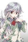  aioi_aoi bow bowtie dress finger_licking hand_on_hip heart jacket kishin_sagume licking long_sleeves looking_at_viewer open_mouth purple_dress red_eyes saliva short_hair silver_hair single_wing solo touhou wings 