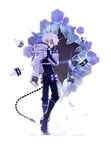  add_(elsword) animal_hood black_pants black_shirt boots cropped_jacket elsword flask full_body gloves grin hand_on_own_face highres hood hoodie hwansang knee_boots male_focus official_art pants purple_eyes shirt smile solo standing time_tracer_(elsword) transparent_background white_hair 