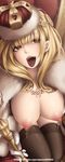  bad_id bad_pixiv_id blonde_hair breasts cape crown earrings fur-trimmed_cape fur_trim gloves highres jewelry large_breasts long_hair nipple_piercing nipples piercing scepter solo thighhighs tongue_piercing twitter_username watermark web_address yin-ting_tian 