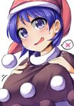  :d blue_eyes blue_hair blush breast_rest breast_suppress breasts doremy_sweet dress fun_bo hat large_breasts looking_at_viewer nightcap open_mouth pom_pom_(clothes) smile solo spoken_object spoken_x sweat touhou 