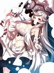  breasts cleavage dress horns kantai_collection large_breasts long_hair midway_hime pale_skin red_eyes shinkaisei-kan sketch solo torn_clothes very_long_hair white_dress white_hair white_skin yuuji_(yukimimi) 