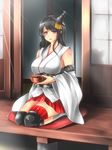  black_hair breasts commentary_request en_(paorasuteki) fusou_(kantai_collection) highres kantai_collection large_breasts long_hair looking_at_viewer red_eyes seiza sitting smile solo 