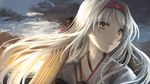  brown_eyes cloud cloudy_sky commentary flight_deck hairband headband japanese_clothes kantai_collection long_hair looking_to_the_side muneate ocean outdoors parted_lips shoukaku_(kantai_collection) silver_hair sky smile solo sunset tamae_(pixiv40276) upper_body water white_hair wind 