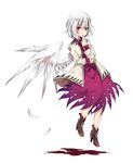  feathers hand_to_own_mouth jacket kishin_sagume long_sleeves looking_at_viewer open_clothes open_jacket red_eyes shirt silver_hair single_wing skirt solo touhou toutenkou wings 