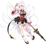  albino animal_ears ankle_wrap ara_han ara_han_(celestial_fox) black_skirt breasts cleavage clog_sandals corset detached_sleeves elsword fox_ears fox_tail full_body grin little_specter_(elsword) long_hair medium_breasts multiple_tails official_art polearm red_eyes sando_(artist) skirt smile solo spear tail transparent_background very_long_hair weapon white_hair 