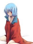  absurdres bangs blue_eyes blue_hair blush cape collarbone commentary cosplay hand_to_own_mouth heterochromia highres naked_cape nnyara red_cape red_eyes sekibanki sekibanki_(cosplay) short_hair sitting solo tatara_kogasa touhou wariza white_background 