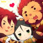  2boys :&lt; alexander_(fate/grand_order) artist_name beard black_hair bob_cut boy_sandwich dual_persona facial_hair fate/grand_order fate/zero fate_(series) genderswap genderswap_(mtf) green_eyes heart jeran_(ggokd) jitome multiple_boys red_hair rider_(fate/zero) sandwiched sensha_otoko short_hair solid_circle_eyes waver_velvet 