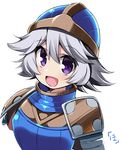  :d armor blue_armor commentary_request farrah_(granblue_fantasy) granblue_fantasy helmet hoppege looking_at_viewer open_mouth purple_eyes short_hair silver_hair smile solo 