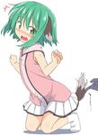  1girl animal_ears bare_arms blush d: disembodied_limb dog_ears dog_tail green_eyes green_hair hands jpeg_artifacts kasodani_kyouko kazawa_(tonzura-d) kneeling miniskirt open_mouth sexual_harassment shirt skirt sleeveless sleeveless_shirt socks solo_focus tail tears touching touhou trembling wavy_mouth white_background 