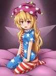  american_flag_dress american_flag_legwear blonde_hair blush clownpiece fang hat highres jester_cap kaiyi long_hair looking_at_viewer open_mouth pantyhose red_eyes shirt_pull solo striped striped_legwear touhou wings 