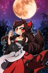  animal_ears bamboo bamboo_forest breasts brooch brown_hair cleavage collarbone dress fingernails forest full_moon highres imaizumi_kagerou jewelry large_breasts long_hair long_sleeves looking_at_viewer moon nail_polish nature red_eyes sky smile solo star star_(sky) starry_sky surigoma tail touhou wide_sleeves wolf_ears wolf_tail 