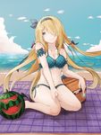  argyle argyle_bikini armband beach bikini blonde_hair blue_bikini blue_eyes blue_sky breasts cleavage cloud day food frilled_bikini frills fruit hair_over_one_eye hairband kurage_(11649021) long_hair looking_at_viewer medium_breasts navel outdoors pandora_(p&amp;d) picnic_basket plaid_towel puzzle_&amp;_dragons side-tie_bikini sky smile solo swimsuit towel very_long_hair water watermelon 