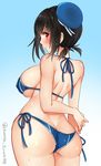  adapted_costume ass awata_mokane bikini black_hair blush breasts from_behind hat kantai_collection large_breasts red_eyes short_hair side-tie_bikini sideboob solo swimsuit takao_(kantai_collection) twitter_username 