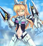  arm_blade australia blonde_hair bridge dos_(james30226) green_eyes headgear long_hair mecha_musume navel navel_cutout pacific_rim personification solo striker_eureka sydney sydney_opera_house weapon 