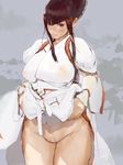  1girl bottomless breasts brown_hair curvy erect_nipples female gradient gradient_background large_breasts looking_at_viewer mishima_kazumi mumaya plump pubic_hair pussy red_eyes see-through solo standing tekken tekken_7 thick_thighs uncensored wide_hips 