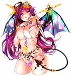  ahoge between_breasts bracelet breast_squeeze breasts chain cowboy_shot cropped_legs crown demon_girl demon_tail groin highres jewelry large_breasts long_hair mini_crown navel nipples original pink_hair purple_eyes pussy_juice red_disappointment simple_background solo sweat tail tattoo tribal_tattoo white_background wings 