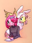  2015 ? anthro anthrofied clothed clothing duo earth_pony equine female fluttershy_(mlp) friendship_is_magic glo-in-the-dark hair holding horse mammal my_little_pony pegasus pencil pink_hair pinkie_pie_(mlp) pony siden simple_background sweater wings 