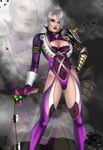  armor blue_eyes breasts cleavage female gloves gradient gradient_background hair_over_one_eye highres isabella_valentine large_breasts lips lipstick makeup revealing_clothes short_hair solo soul_calibur soulcalibur_v sword weapon white_hair zoom_layer 