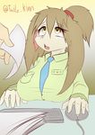  2015 anthro big_breasts breasts brown_hair clothed clothing computer_mouse disembodied_hand english_text female hair keyboard lagomorph long_hair mammal necktie office open_mouth paper ponytail rabbit shirt tailzkim teeth text yellow_eyes 