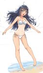  :d absurdres barefoot beach bikini black_hair blue_eyes blush breasts cleavage highres kazeno long_hair looking_at_viewer medium_breasts navel one-piece_tan open_mouth original side-tie_bikini smile solo strap_gap swimsuit tan tanline white_bikini 