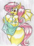  2015 anthro anthrofied bat_pony bat_wings big_breasts breasts cleavage clothed clothing fangs female flutterbat_(mlp) fluttershy_(mlp) friendship_is_magic hair king-cheetah my_little_pony nightgown nipple_bulge open_mouth pink_hair red_eyes solo translucent transparent_clothing wings 