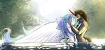  anthro bgn black_hair cutie_mark duo equine eyes_closed feathered_wings feathers female friendship_is_magic hair hand_on_head horn king_sombra_(mlp) male male/female mammal multicolored_hair my_little_pony nude partially_submerged princess_celestia_(mlp) romantic side_view unicorn water winged_unicorn wings 