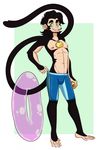  anthro barefoot bran bulge clothed clothing green_eyes half-dressed male mammal mitarashi monkey necklace prehensile_feet primate solo spider_monkey swimming_trunks swimsuit topless 