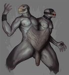  anthro ball_gag balls blindfold claws clenched_teeth collar conjoined demon duo fundles gag grey_background male nipple_piercing nipples nude penis piercing simple_background teeth 