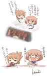  :d ^_^ artist_name brown_eyes brown_hair chopsticks closed_eyes commentary_request crying crying_with_eyes_open dress eating fang flying_sweatdrops folded_ponytail food food_in_mouth grill hair_ornament hairclip ikazuchi_(kantai_collection) inazuma_(kantai_collection) kantai_collection kotanu_(kotanukiya) long_hair meat multiple_girls onion open_mouth plate ponytail sailor_collar sailor_dress sausage short_hair smile tears translated wavy_mouth younger 