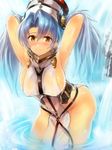  arms_up blue_hair blush breasts cowboy_shot edobox granblue_fantasy hat large_breasts leaning_forward long_hair looking_at_viewer sideboob smile solo sophia_(granblue_fantasy) twintails wading water wet 