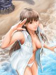  1girl alternate_costume alternate_hairstyle beach blurry breasts brown_eyes brown_hair dead_or_alive dead_or_alive_5 depth_of_field female hair_down highres large_breasts lei_fang long_hair looking_at_viewer naked_shirt open_clothes red_eyes shirt sleeveless smile solo topless 