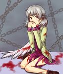  bad_id bad_pixiv_id bare_legs beikeice blood blood_stain bloody_clothes bloody_wings chain commentary covering_mouth crying crying_with_eyes_open dress jacket kishin_sagume red_eyes short_dress short_hair silver_hair single_wing solo tears touhou wings 
