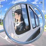  black_hair cloud day glasses ground_vehicle hair_ornament hairclip mirror motor_vehicle nizuma original pov power_lines profile reflection road school_uniform serafuku sky solo street telephone_pole van 