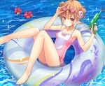  barefoot blush brown_hair casual_one-piece_swimsuit double_bun flower goggles goggles_on_head hair_flower hair_ornament hibiscus highres innertube legs ocean one-piece_swimsuit original red_eyes short_hair smile solo swimsuit tsumiwara water water_gun 