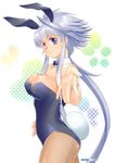  animal_ears ass blue_eyes bow bowtie bunny_ears bunny_tail bunnysuit detached_collar foreshortening heterochromia lavolpe_(yagisaka_seto) long_hair original pantyhose silver_hair solo tail wrist_cuffs yagisaka_seto 