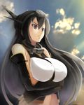  bare_shoulders black_hair blue_sky breast_hold breasts cloud crossed_arms day frown gloves hairband headgear kantai_collection large_breasts long_hair nagato_(kantai_collection) navel outdoors serious sky solo sunlight tokumaro upper_body 