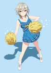  anastasia_(idolmaster) bare_shoulders blue_background blue_eyes cheerleader collarbone commentary_request full_body idolmaster idolmaster_cinderella_girls looking_at_viewer pleated_skirt pom_poms saitoyu00 shadow shirt shoes silhouette silver_hair skirt sleeveless sleeveless_shirt smile sneakers socks solo standing white_legwear 