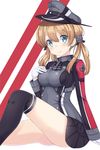  blonde_hair breasts hair_ornament hand_on_own_chest hat kantai_collection long_hair looking_at_viewer medium_breasts military military_uniform peaked_cap prinz_eugen_(kantai_collection) smile solo thighhighs twintails uniform yuzu-aki 