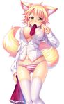  ahoge animal_ears bad_id bad_pixiv_id blonde_hair breasts cleavage covered_nipples dress_shirt fox_ears fox_tail frilled_skirt frills green_eyes large_breasts long_hair looking_at_viewer matatabi_maru mouth_hold navel necktie original panties plaid plaid_neckwear plaid_skirt red_neckwear shirt simple_background skirt skirt_removed solo striped striped_panties tail thighhighs underwear v white_background white_legwear 