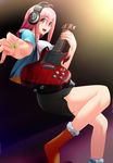  blush breasts dyda electric_guitar guitar headphones highres instrument large_breasts long_hair looking_at_viewer nitroplus open_mouth pink_eyes pink_hair plectrum smile solo super_sonico unplugged 