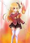  absurdres blonde_hair charlotte_(anime) fire highres long_hair nishimori_misa red_eyes school_uniform side_ponytail solo thighhighs yuki_isuke 