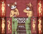  2015 advertisement anthro atryl bed_sheet bell braided_hair breasts butt cat collar dakimakura_design distracting_watermark english_text feline female fur hair hybrid kenfoxx long_hair looking_at_viewer lying mammal nipples nude on_back pubes pussy ribbons smile solo sonique_foxx text watermark 