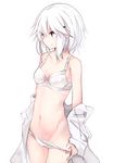  blue_eyes blush bow bow_bra bra breasts cleavage hair_ornament hairclip highres lingerie navel open_clothes original otokuyou panties panty_pull ringo-chan_(otokuyou) short_hair simple_background small_breasts solo underwear underwear_only undressing white_background white_bra white_hair white_panties 