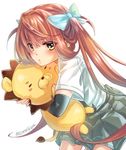  arm_warmers asagumo_(kantai_collection) bangs bleach blush blush_stickers bow brown_hair hair_bow hug kantai_collection kon long_hair looking_at_viewer pleated_skirt short_sleeves skirt stuffed_animal stuffed_lion stuffed_toy suspenders twintails twitter_username yellow_eyes zinnrikisya 