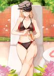  adapted_costume bad_id bad_twitter_id bikini bismarck_(kantai_collection) blonde_hair blue_eyes breasts chair drink flower hat hat_over_one_eye kantai_collection large_breasts long_hair lounge_chair ogros peaked_cap petals smile solo swimsuit 
