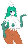  2014 anthro anthrofied big_breasts blue_eyes breasts green_hair hair huge_breasts long_hair nintendo pok&eacute;mon simple_background snover solo standing video_games white_background wiitenuant 
