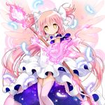  bow bow_(weapon) dress feathers fire gloves hair_bow hair_ribbon kaguyuzu kaname_madoka long_hair magic_circle magical_girl mahou_shoujo_madoka_magica official_art pink_fire pink_hair pink_wings ribbon smile solo space_print starry_sky_print thighhighs transparent_background two_side_up ultimate_madoka weapon wings yellow_eyes 