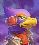  anthro ascot avian beak bird clothed clothing eyewear falco_lombardi falcon feathers haychel jacket looking_at_viewer male microphone nintendo outer_space scouter solo star_fox video_games 